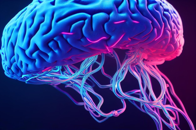 Detaillierte Darstellung einer Gehirnsynapse aus nächster Nähe Neonlichter blau und lila Farben medizinisches Konzept