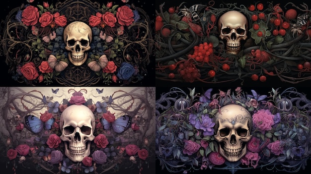 Detaillierte gotische Schädel Spinnen und Blumen