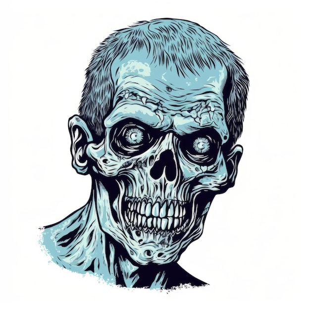 Detaillierte Gravur von Zombie-Kopf mit blauen Augen
