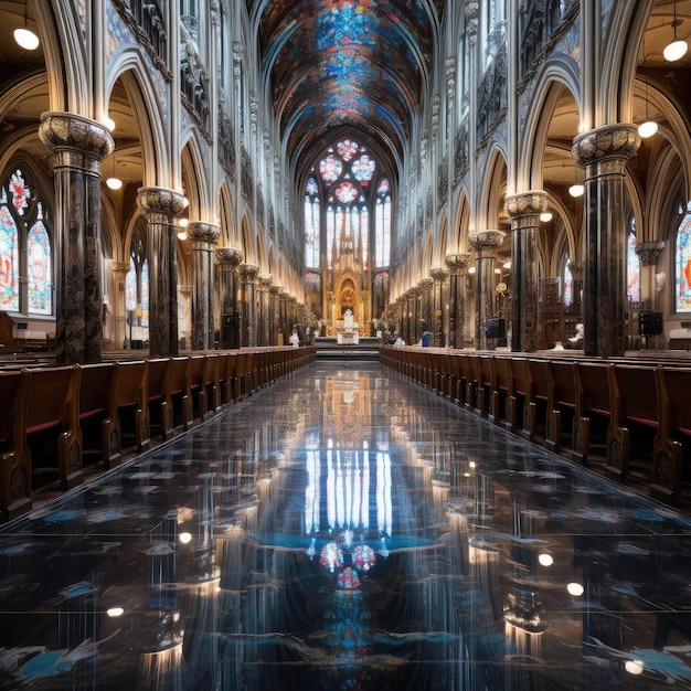 Detaillierte Innenräume einer Kirche mit grauen Böden und verzierten Merkmalen