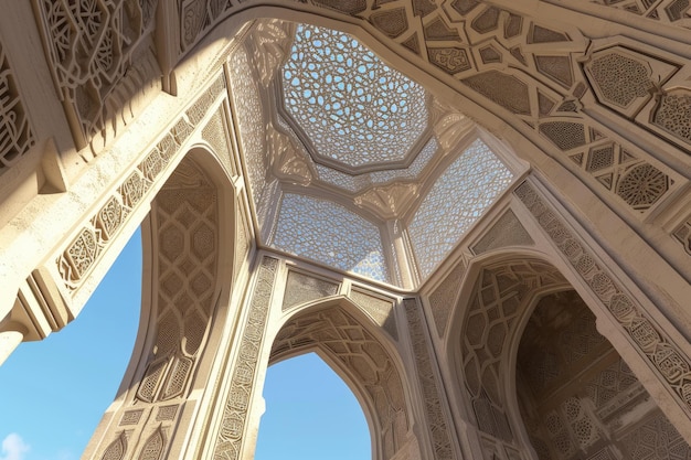 Detaillierte islamische Ornamente schmücken die Decke der Kuppel der Moschee