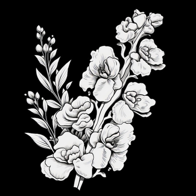 Detaillierte monochrome Blumenzeichnung, feminine Aufkleberkunst mit organischer Einfachheit