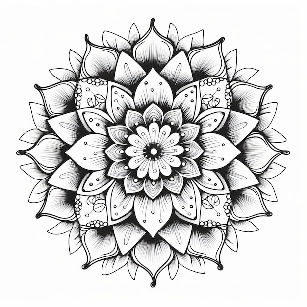 Detaillierte monochrome Mandala mit floralen Akzenten Malseite