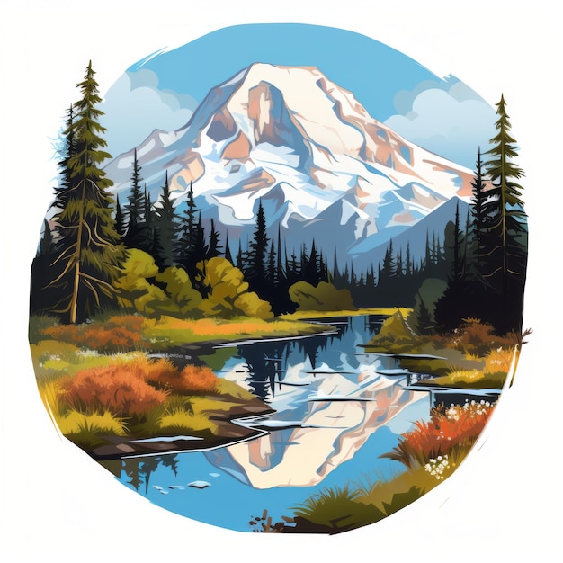 Detaillierte Mount Rainier Sticker Herbstwald-Illustration