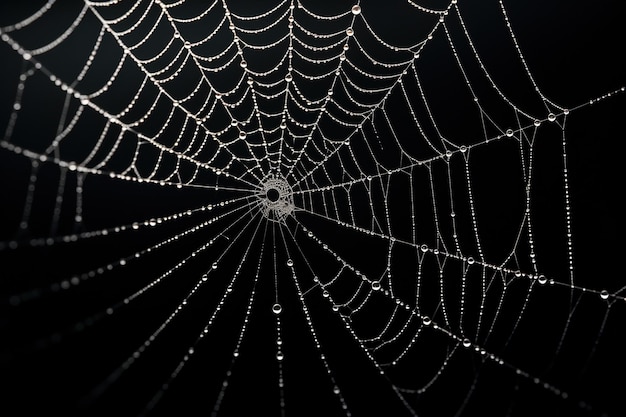 Detaillierte Nahaufnahme eines Spinnennetzes mit Morgentau vor dunklem Hintergrund