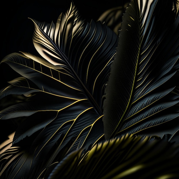 Detaillierte realistische tropische Blätter unter einem Scheinwerfer in einem dunklen Raum mit schwarzem Hintergrund