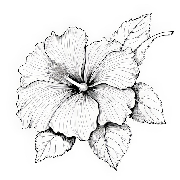Detaillierte Schwarz-Weiß-Hibiskusblumen-Linie-Illustration
