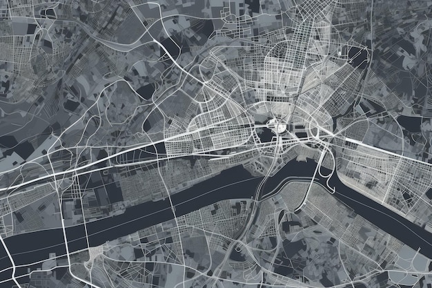 Detaillierte Schwarz-Weiß-Karte mit den Straßen und Sehenswürdigkeiten einer geschäftigen Stadt. Generative KI
