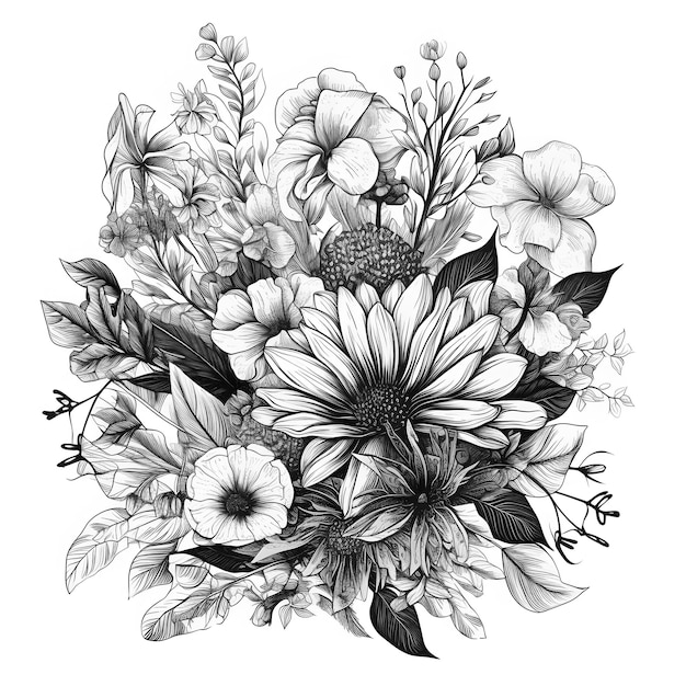 Detaillierte SketchStyle-Cliparts von Blättern und Blumen in Schwarz und Weiß