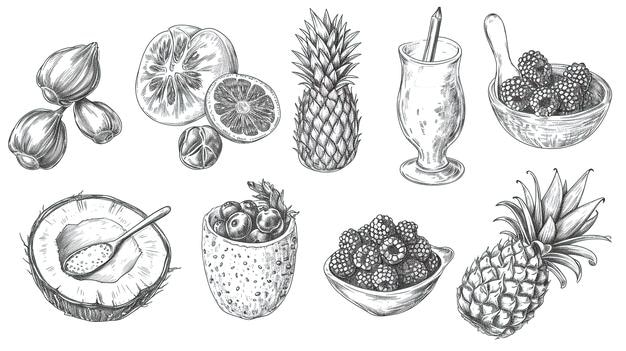 detaillierte Skizze von verschiedenen Früchten und ein Glas Smoothie KI generiert