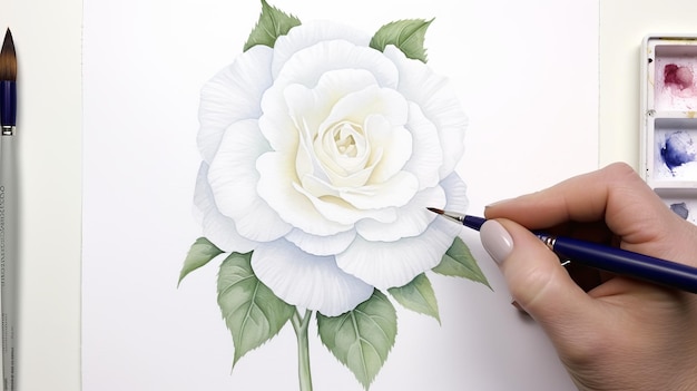 Detaillierte Stiefmütterchen-Aquarellmalerei einer weißen Rose