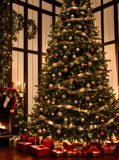 Detaillierter filmischer HDR-Weihnachtsbaum mit Charakteren mit gemütlicher Atmosphäre, generiert durch generative KI