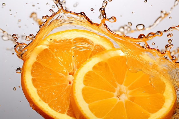 Detaillierter orangefarbener Flüssigkeitsspritz auf klarem Hintergrund