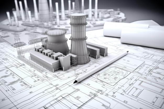 Detailliertes Modell des Kernkraftwerks über Baupläne