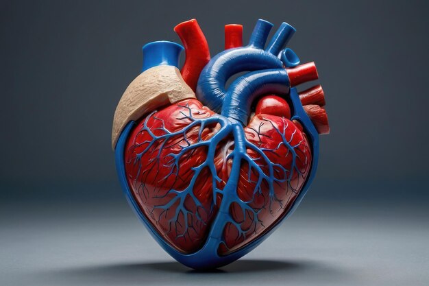 Detailliertes Modell des menschlichen Herzens auf blauem Hintergrund
