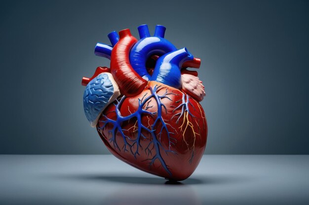 Detailliertes Modell des menschlichen Herzens auf blauem Hintergrund