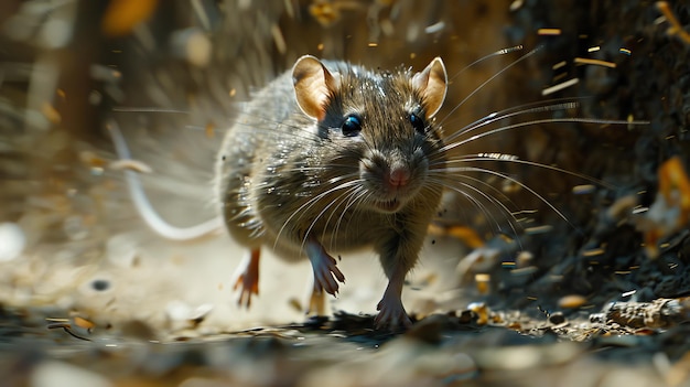 Detailliertes Porträt einer Ratte, die durch die Schatten schlägt, städtische Trümmer verschwommen