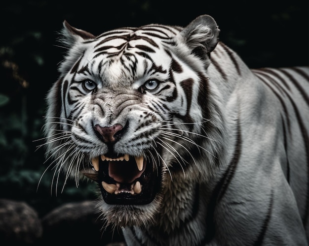 Detailliertes Porträt eines brüllenden weißen Tigergesichts isoliert auf schwarzem Hintergrund generative ai