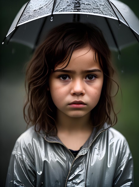 Detailliertes Porträt eines melancholischen Kindes inmitten des filmischen Regens, gefertigt von Generative AI Generated