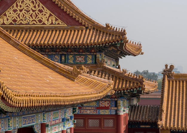 Details von Dach und Schnitzereien in der Verbotenen Stadt in Peking