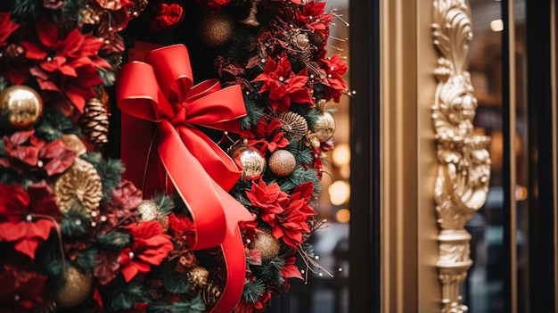 Details zur Weihnachtsdekoration an der Tür oder am Schaufenster eines Luxusgeschäfts in einer Einkaufsstraße im englischen Stil, Feiertagsverkauf und Inspiration für die Ladendekoration