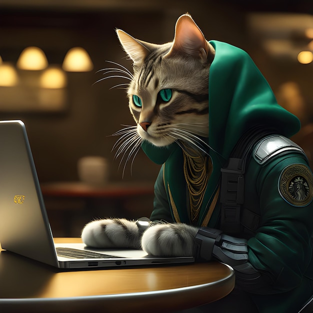 detalhe alto cyberpunk baixa luz um gato humanoide em um laptop em uma cafeteria