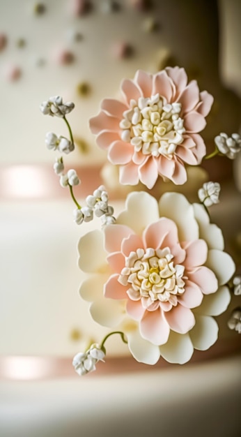 Detalhe aproximado de um bolo de casamento de luxo, design exclusivo de alta qualidade, bolo premium profissional lindamente decorado como sobremesa principal para uma requintada celebração de casamento Generative Ai