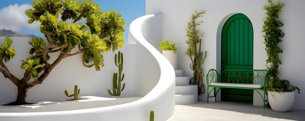 Detalhe bonito da arquitetura com paredes brancas e plantas verdes