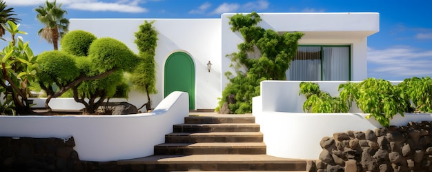 Detalhe bonito da arquitetura com paredes brancas e plantas verdes