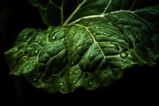 Detalhe brilhante da beleza de uma folha de repolho com uma gota de água Arte da natureza