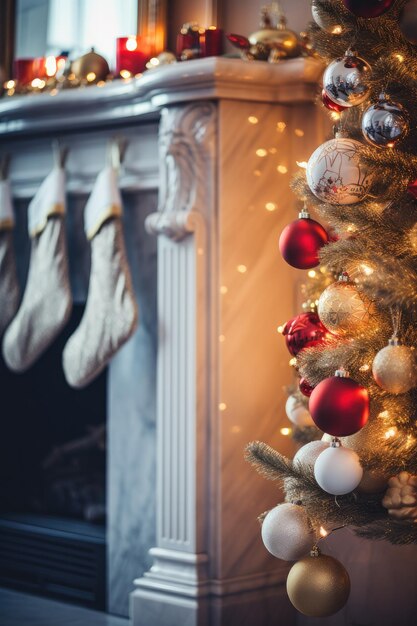 Detalhe da árvore de Natal decorada com bolas de ornamento e meias penduradas na lareira