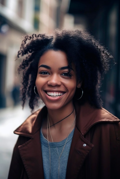 Detalhe da bela mulher afro-americana olhando para a câmera gerada com IA