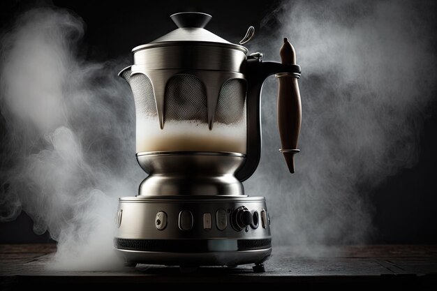 Detalhe da cafeteira gêiser com vapor saindo da água quente