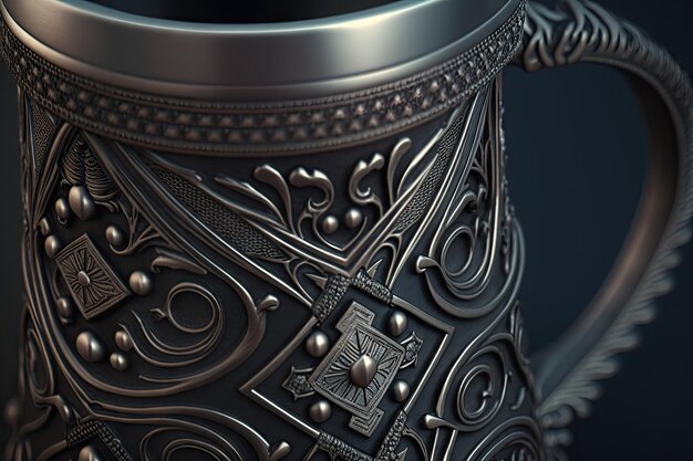 Detalhe da caneca de ferro mostrando detalhes intrincados e artesanato