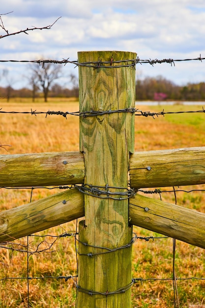 Detalhe da cerca de madeira da fazenda com arame farpado e campos de primavera