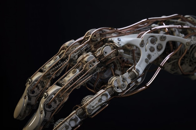 Detalhe da mão robótica com fios e engrenagens intrincados e delicados visíveis