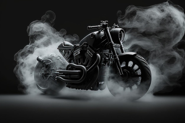 Detalhe da motocicleta em um fundo escuro com visão lateral de fumaça geração AI