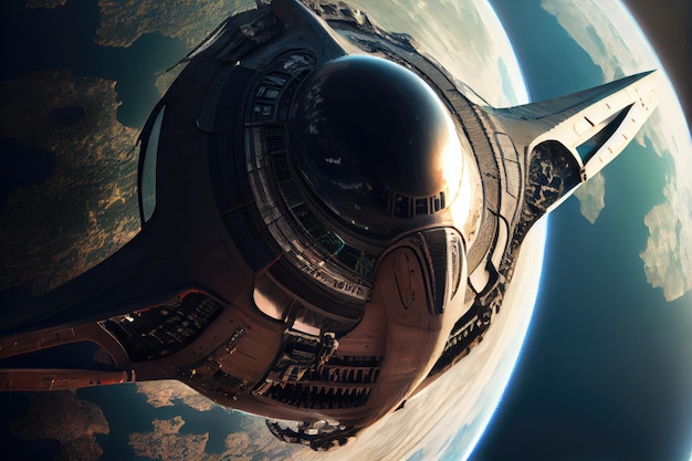 Foto detalhe da nave alienígena com vista para a terra ao fundo