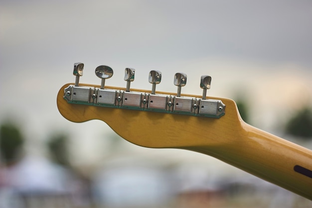 Foto detalhe da paleta e da mecânica de uma guitarra elétrica tirada em um show ao vivo.