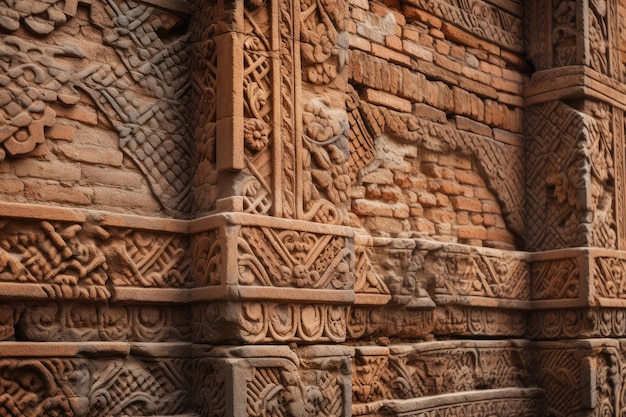 Detalhe da parede de tijolos com texturas e padrões intrincados visíveis