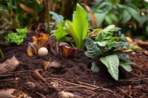 Detalhe da pilha de compostagem com folhas em decomposição criadas com ai generativa