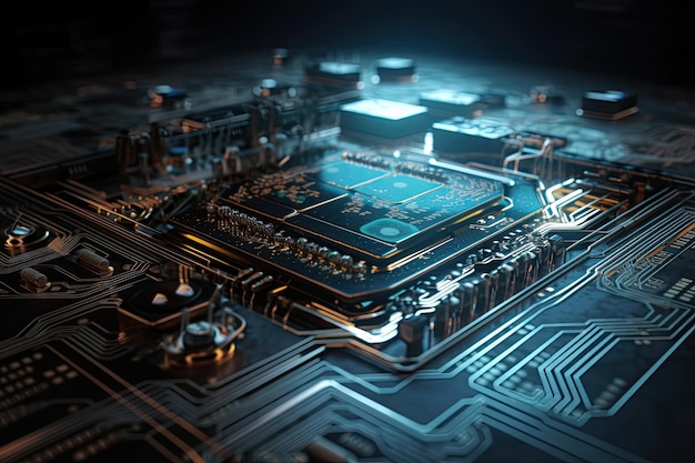 Detalhe da placa de circuito eletrônico com microchips e outros componentes eletrônicos Placa de circuito futurista Informação e tecnologia AI gerada