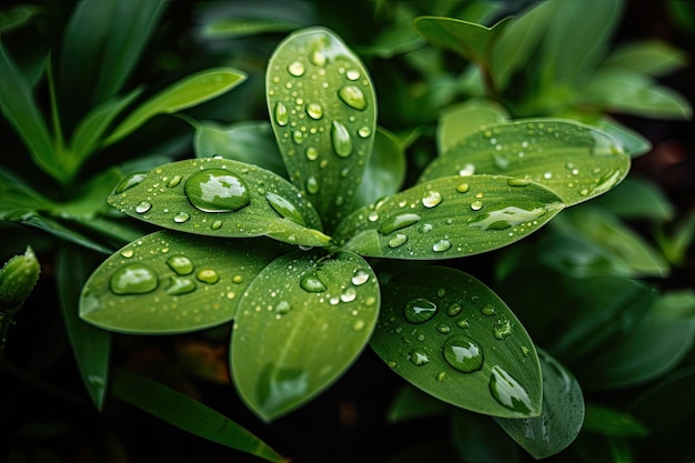 Detalhe da planta verde com gotas orvalhadas nas folhas