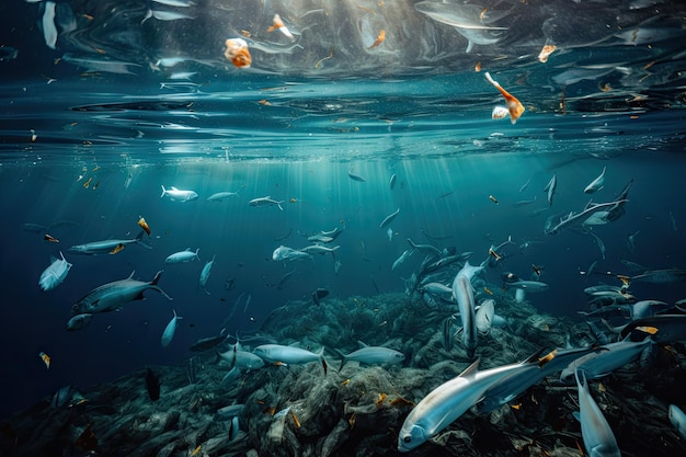 Detalhe da poluição plástica nos oceanos com peixes nadando entre o lixo criado com ai generativa