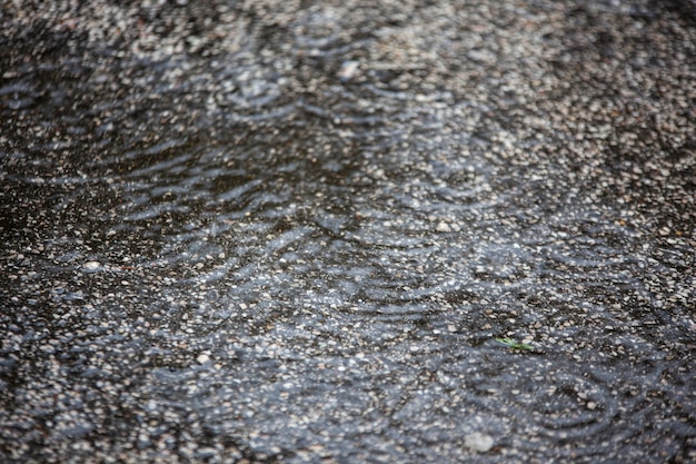 Detalhe da textura do asfalto com gotas de chuva caindo
