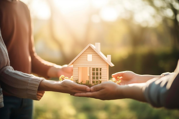 Detalhe das mãos entregando o modelo de um conceito de casa de imóveis e esperança