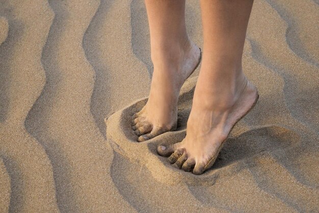 Detalhe das pernas femininas na areia dourada do mar da praia, fechar