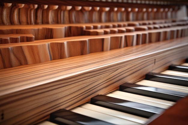 Detalhe das teclas do piano de cauda com elegante acabamento em madeira criado com generative ai