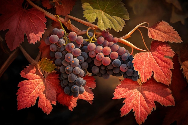 Detalhe das uvas vermelhas no vinhedo da Toscana Itália que estão quase maduras Generative AI