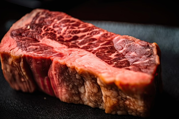 Detalhe de bife wagyu com textura suculenta e macia